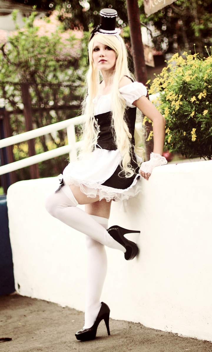 Blonde French Maid wearing White Opaque Stockings and Black High Heels